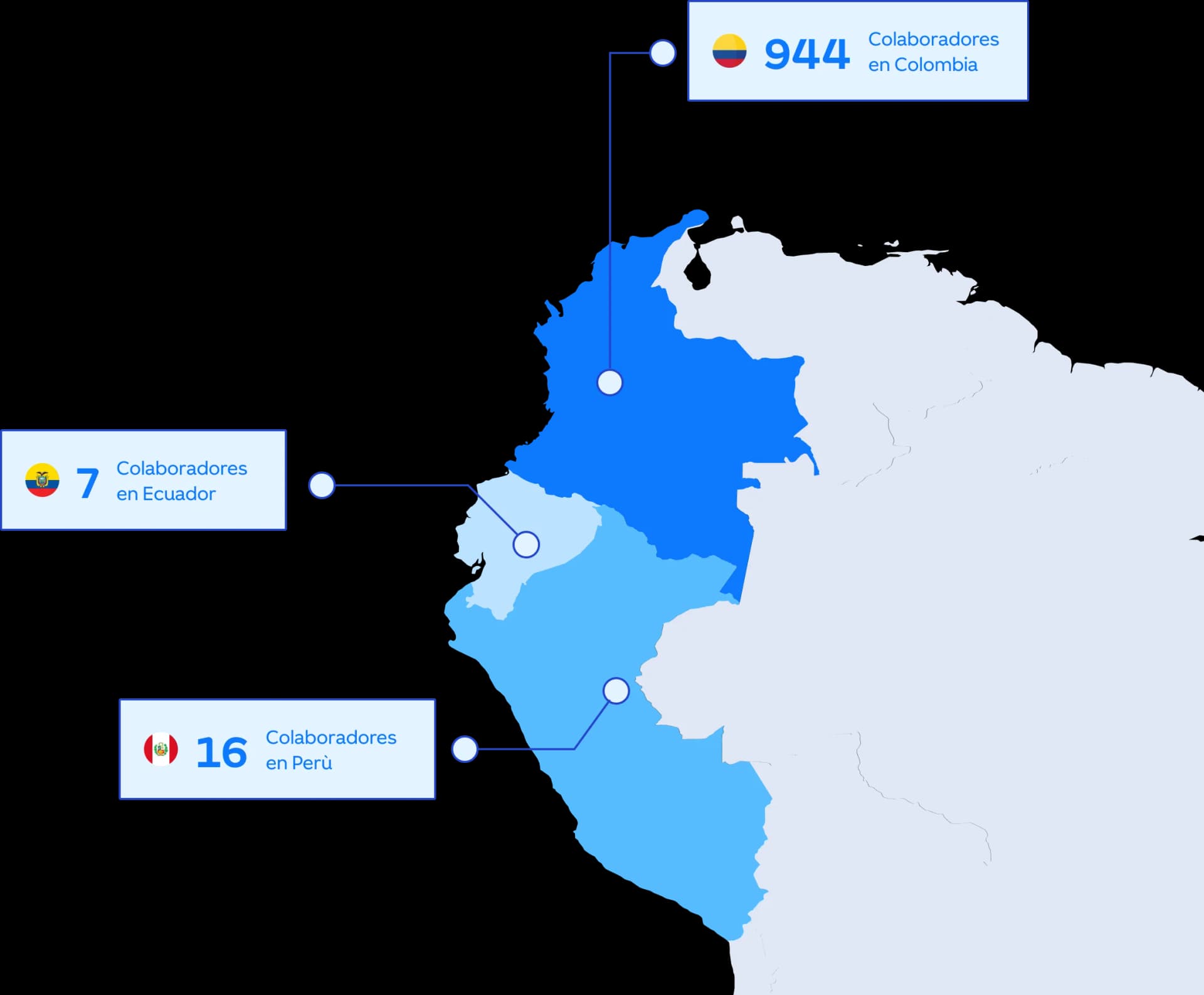 Mapa de Colombia, Ecuador y Perú marcando las sedes de Siesa